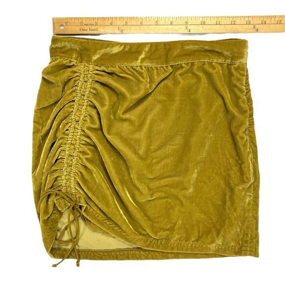 Free People Vivienne Velvet Mini Skirt 2 Yellow Ruched Drawstring Classy Pull On - Picture 6 of 11